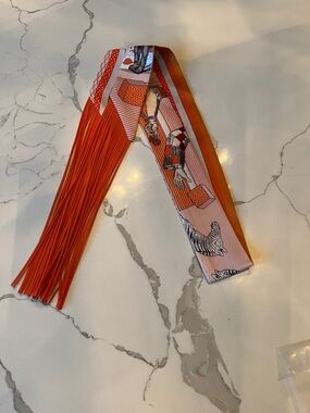 Orange & Pink Printed twillyScarf with Fringe